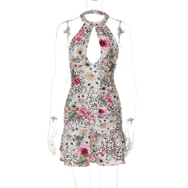 

Gusty Summer Island Vacation Style Sexy Halterneck Deep V Dress Sexy Open Back Ruffles Leopard Print Short Skirt Leopard print M