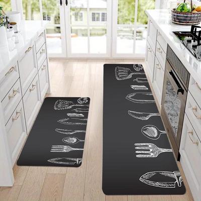 50*80 Cm Kitchen Floor Mat, Gray Tableware Pattern Printed Floor Mat Thick and Wear-resistant, Suitable for Kitchen, Balcony and Home Decoration
