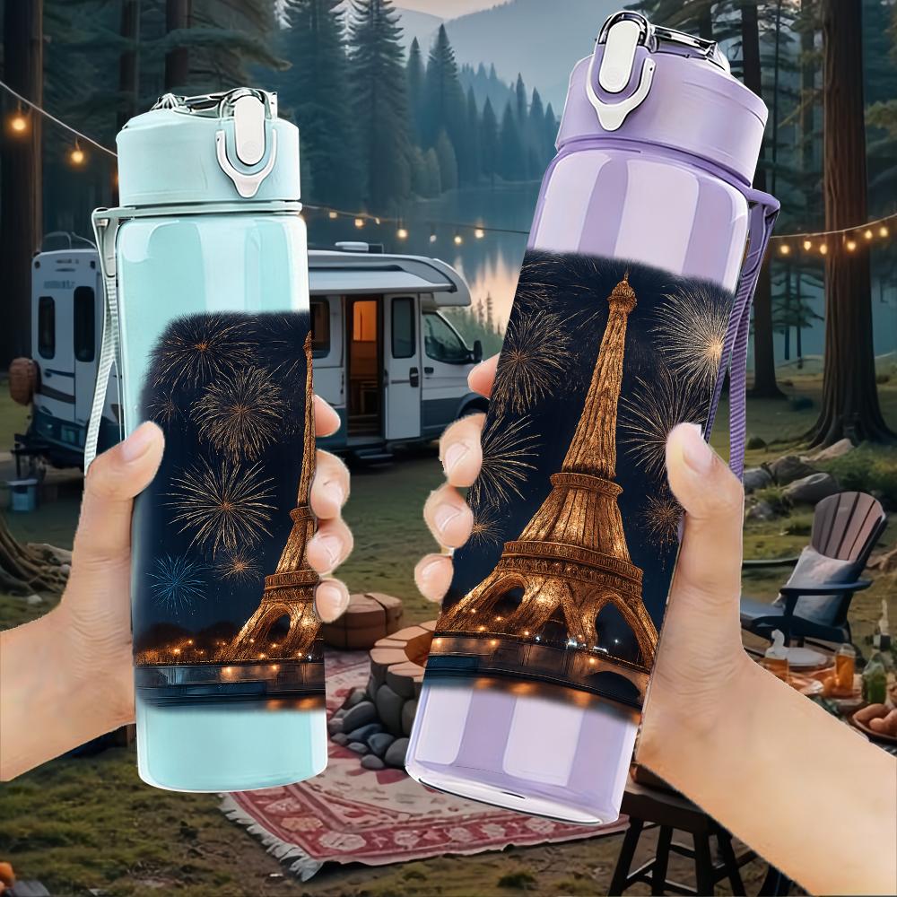 1PC Eiffel Tower Night Scene 750ml Color Plastic Sports Water Bottle Leakproof Flip Straw Lid For Sports Office Home Use