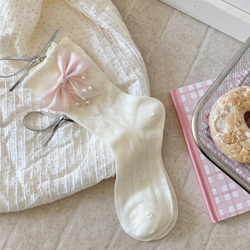 Cream White Hollow Breathable Cotton Ruffle Bow Calf Socks Kawaii Jk Lolita Daily Party Dress Accessory Women Socks