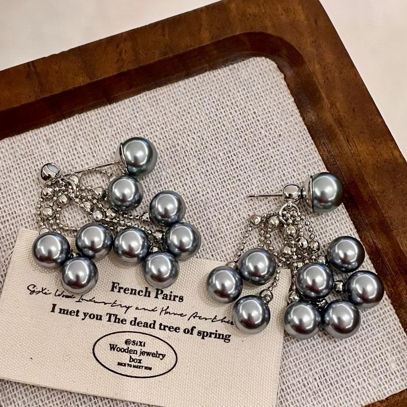 S925 Sterlingsilber Nadel Grau Perlen Quaste Ohrringe - Elegantes Nischen Design für Damen