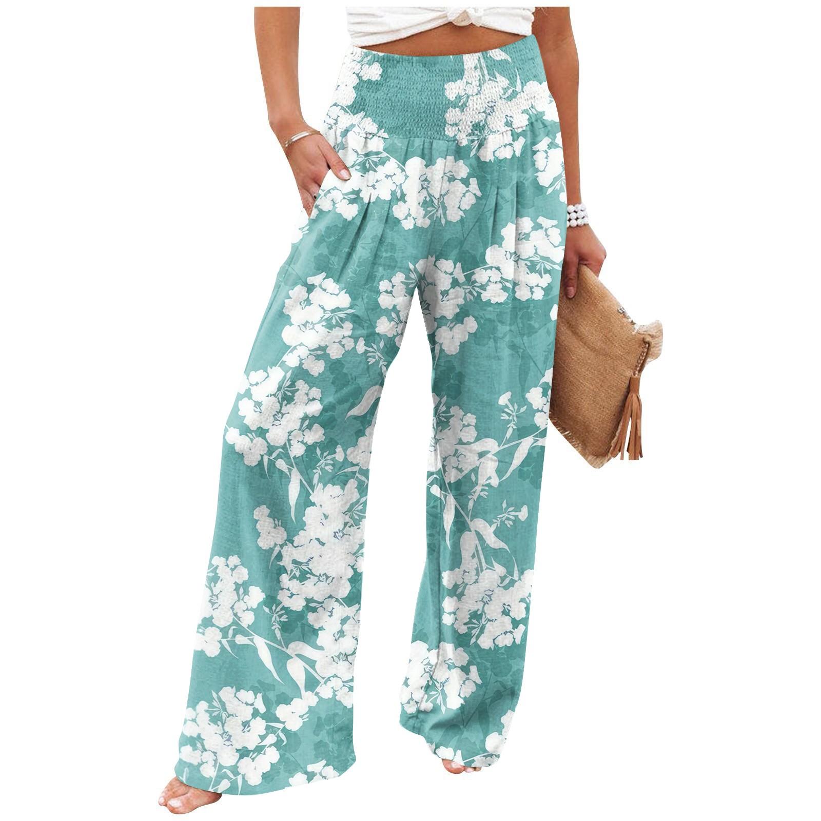 

Women s Summer Elastic Waist Floral Printed Cotton And Linen Loose Pants XL