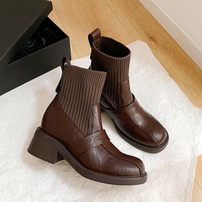 Leder hohe Absätze Britische Kurzstiefel Damen Neu Retro Braun Quadratische Spitze Dicke Ferse Elastisch Dünne Stiefel Sockenstiefel