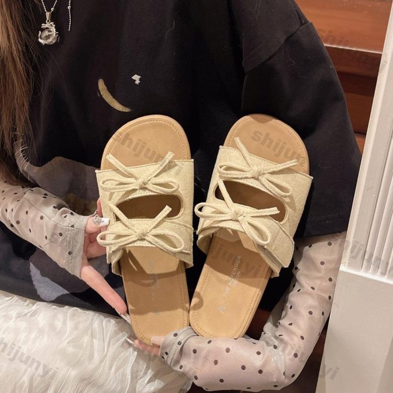 2025 Summer New Bow Women's Slippers Outdoor Retro Beach Casual Flat Shoes Lightweight Comfortable One Word Slippers