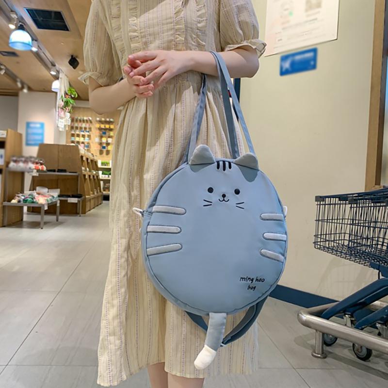 2025 New Leisure Fashion Embroidered Large Capacity Shoulder Bag Cute Cartoon Cat Commuter Canvas Small Round Bag