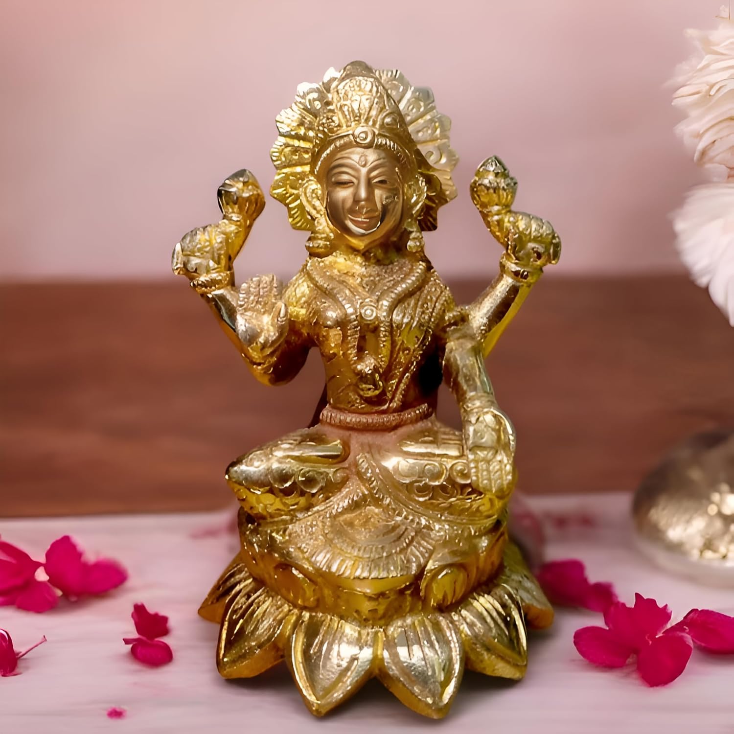 Lakshmi Brass Idol, Handcrafted Devi Murti Hindu God Figurine, Brass - 5 Inch