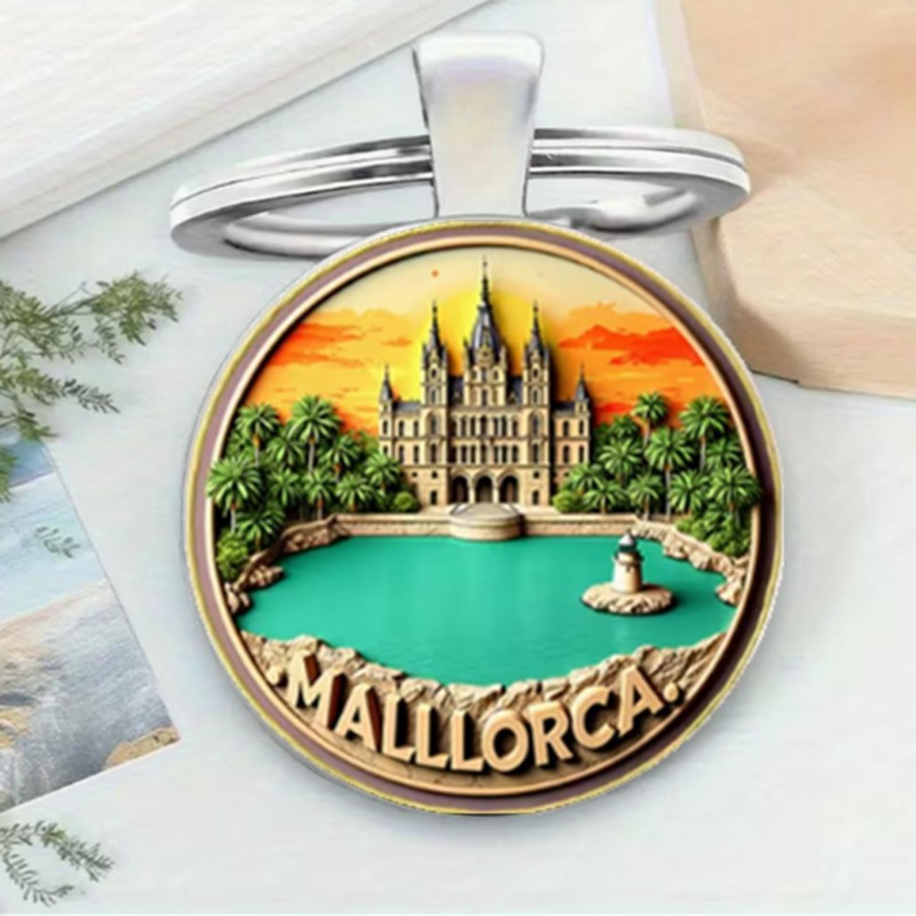 

A Round Glass Alloy Keychain Featuring Retro- Architecture And Sunset Views The Of Mallorca, Spain. One Size