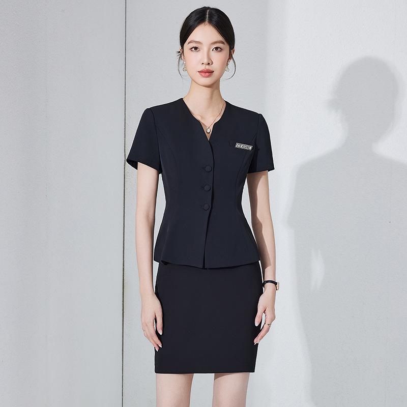 Women's Dark Blue Short-Sleeved Suit Set - Summer Professional Attire for Hotel and Jewelry Store Front Desk.