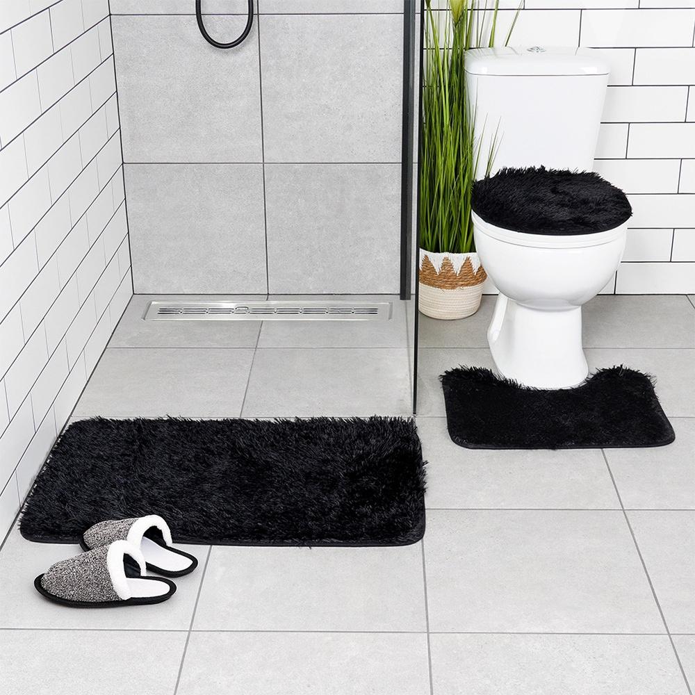 Bathroom Set Soft Shaggy Black Rug Cover for Bathroom Seat