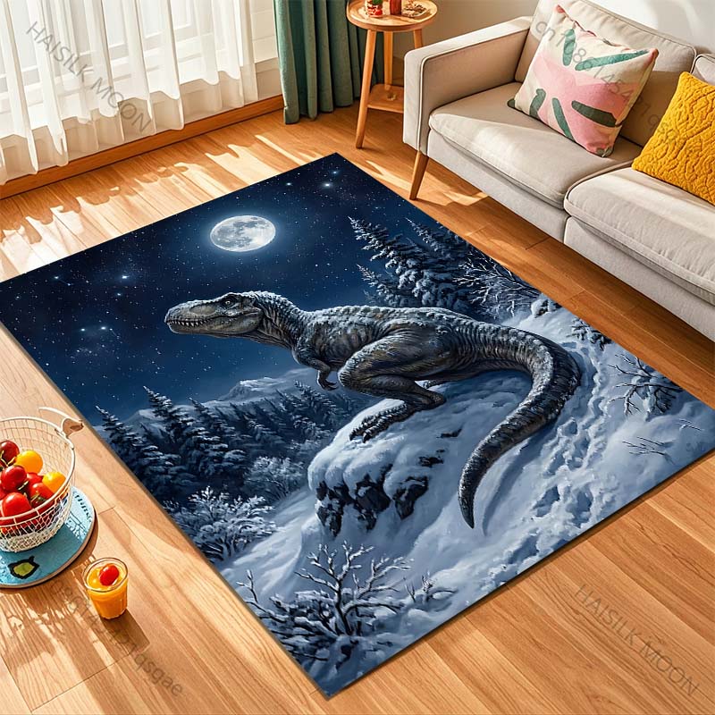 1PC Dinosaur in snowy moonlit forest Print Carpet Rug for Living Room Bedroom Sofa Doormat Home Decor Non-slip Floor Mat
