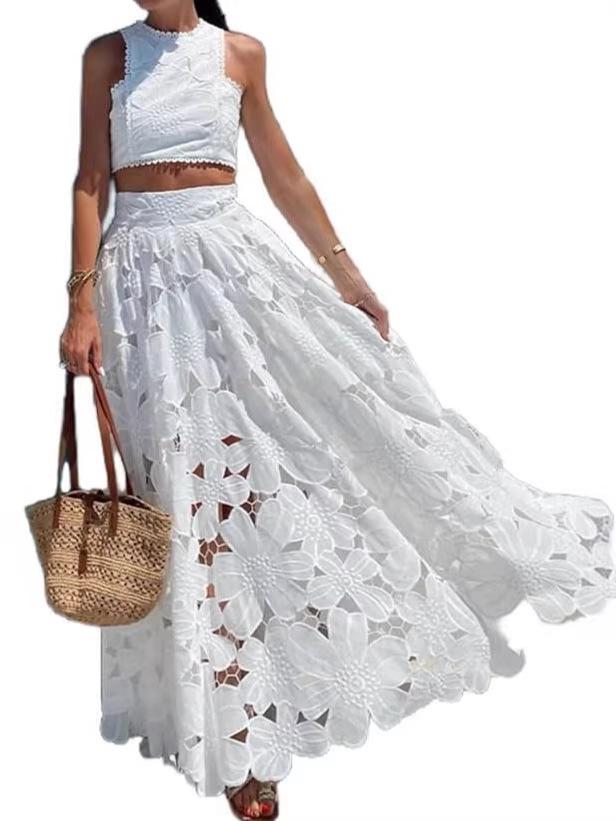 European & American Casual Lace Hollow Out Vest & Skirt Two-Piece Set