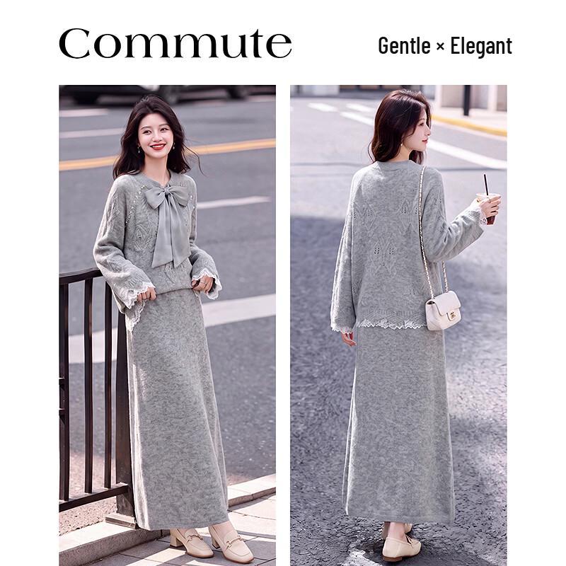 Elegant Bow-Tie Long Sleeve Top and Mid-Length Skirt Set