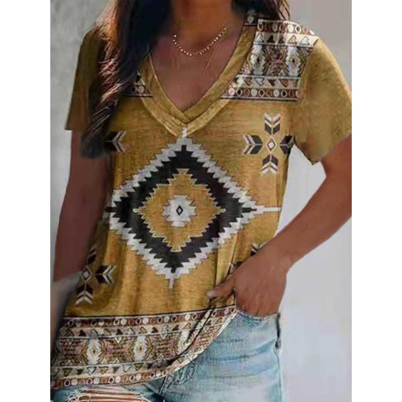 Summer V-neck 3D Retro Ethnic Style Printed Top Fashionable Casual Short Sleeved Women's T-shirts