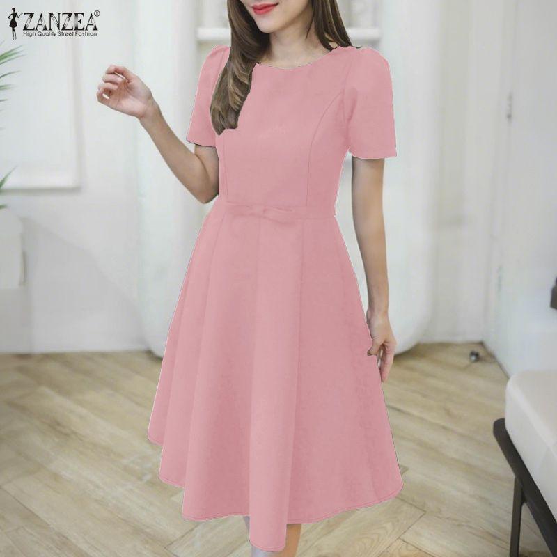 ZANZEA Women Casual Round Neck Summer Puff Short Sleeve Dress