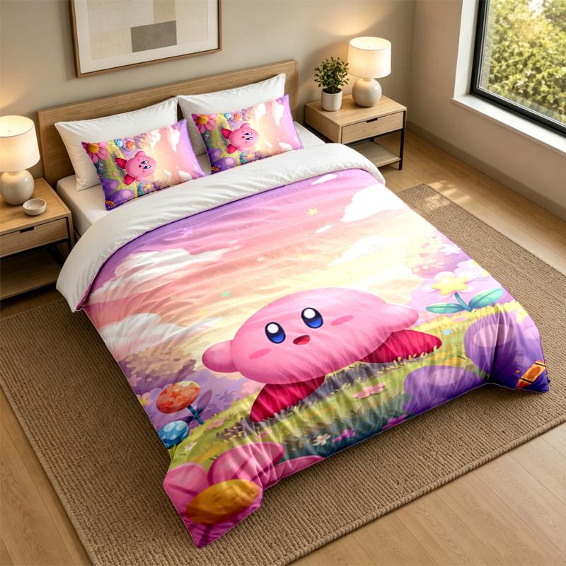 Soft Bedding Set Kirby Pattern, 1 Duvet Cover Plus 2 Pillowcases Stylish Bedroom Home Textile