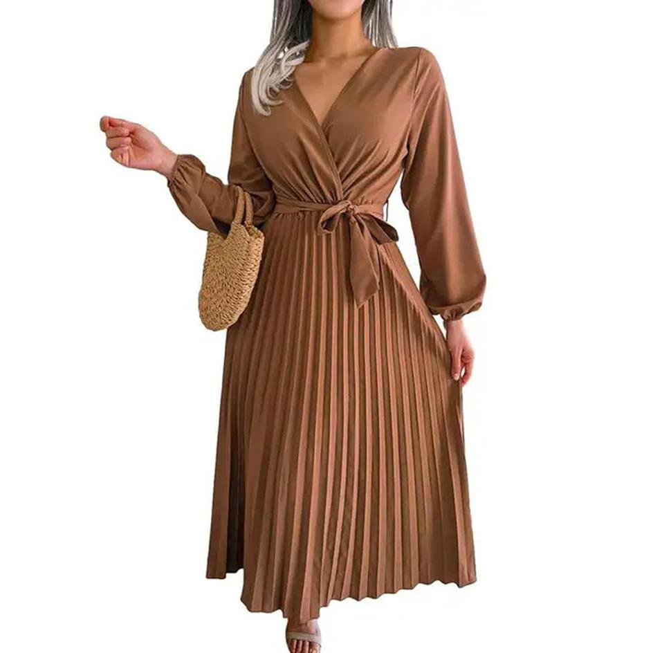 Women's Maxi Dress V-Neck Long Sleeve Cross Pleated Long Dress