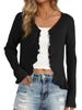 Allegra K Women's Long Sleeve Shrug Button Stretch Ruffle V-Neck Sweater/Cardigan, Black, Size M