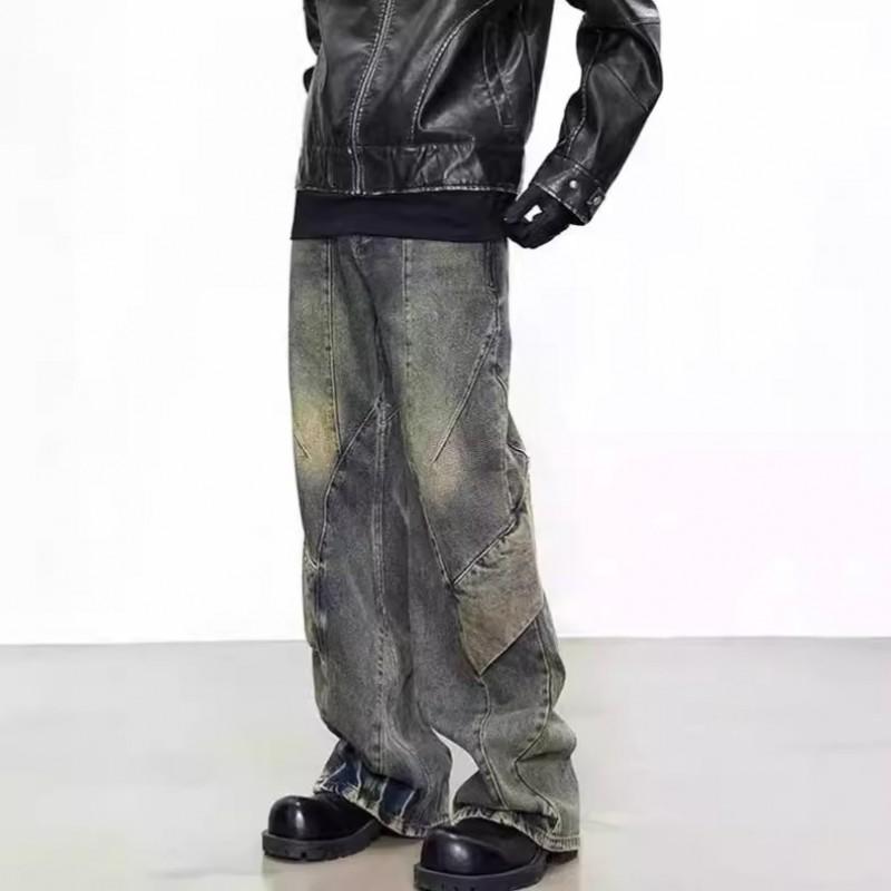 Mens Vintage Washed Distressed Denim Jeans High Waist Irregular Patchwork Flared Cut