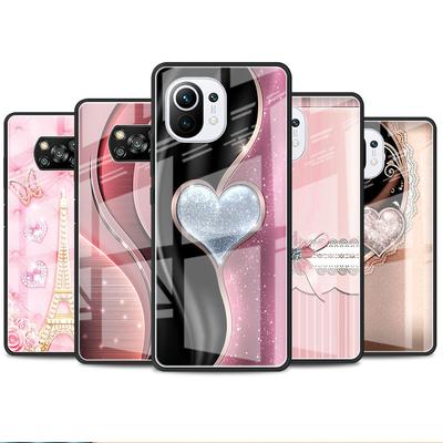 Love Bow Glass Case For Xiaomi Poco X3 NFC 11 Lite 11T F3 M3 For Redmi Note 11 10 9 8 Pro 10S 9S 9A 9C Phone Cover
