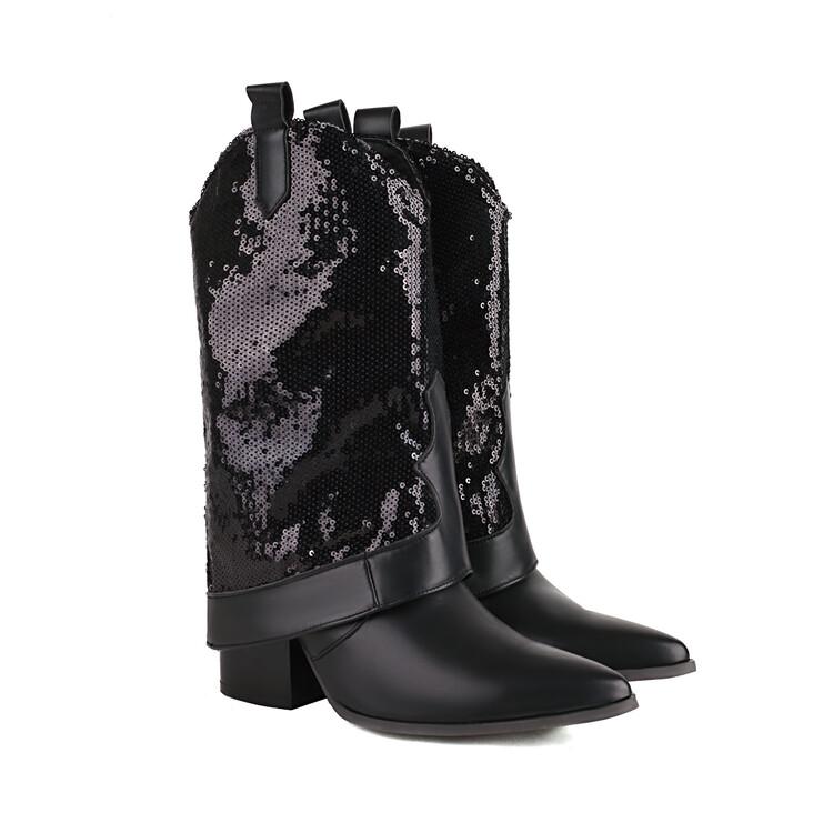 

Сапоги в стиле вестерн с пайетками, женские, блестящие, серебряные, золотые, на массивном высоком каблуке, до середины голени, ковбойские сапоги, ковбойская обувь 42