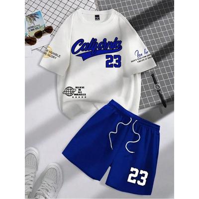 2025 vară nouă tendință costum bărbați gât rotund mânecă scurtă set modă personalizat print alfanumeric tricou gât rotund și pantalon scurt