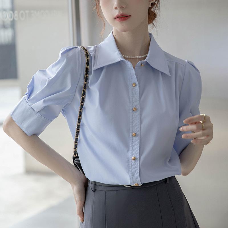 Blue Shirt Interview Summer New French Commuting Shirt Temperament Short-sleeved Professional Polo Collar Top
