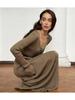 Women's Knitted Dress Elegant V Neck Thick  A-line Dress Brown Long Sleeve Vintage Midi Casual Dresses for Women
