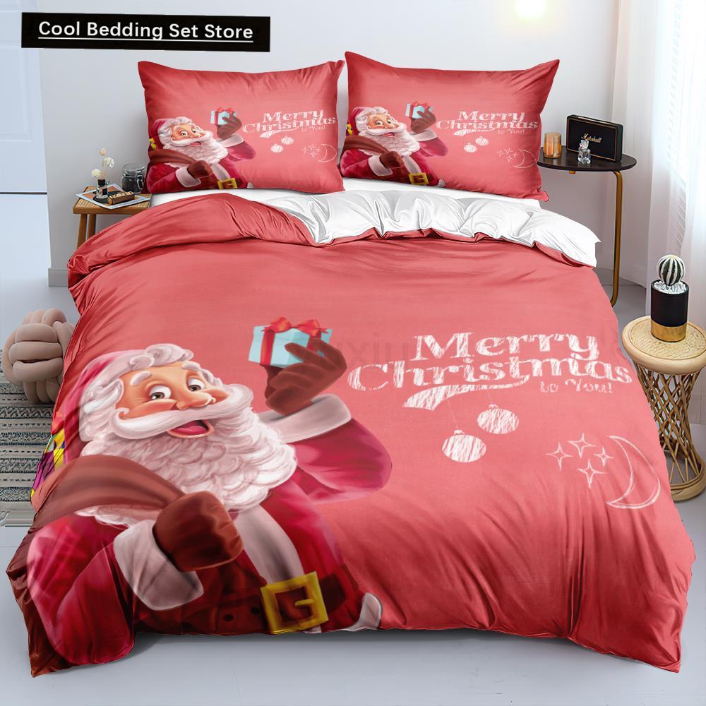 3D Christmas King Queen Duvet Cover Set Kids Cartoon Merry Christmas Red Quilt Cover 2/3pcs Polyester Beddings Set Single Double