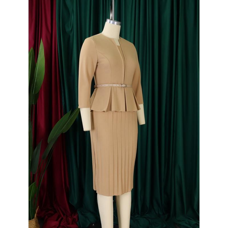 Women V Neck High Waist Solid Pencil Midi Office Commuting Dress