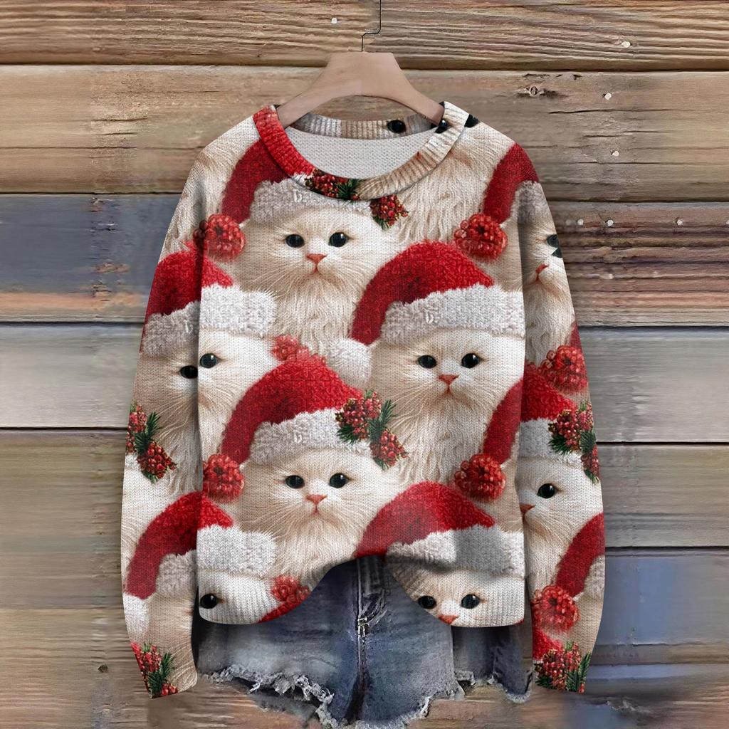 Long Sleeve Pullover Sweaters For Women O Neck Casual Cute Printing Knit Oversized Sweater