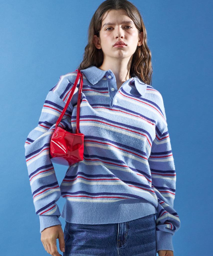 MOONSUN M.C Unisex, Stripe Wool Collar Knit / Sky Blue
