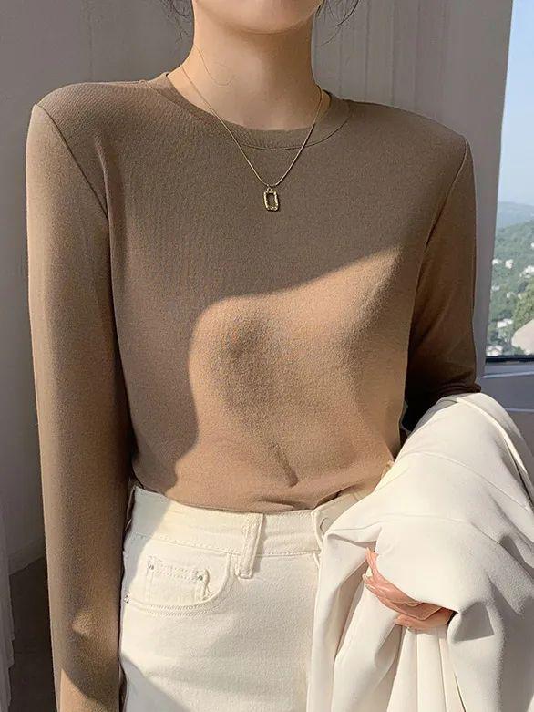 Damen Weiches Doppelseitiges Deutsches Samt Langarm Weißes T-Shirt für Herbst/Winter