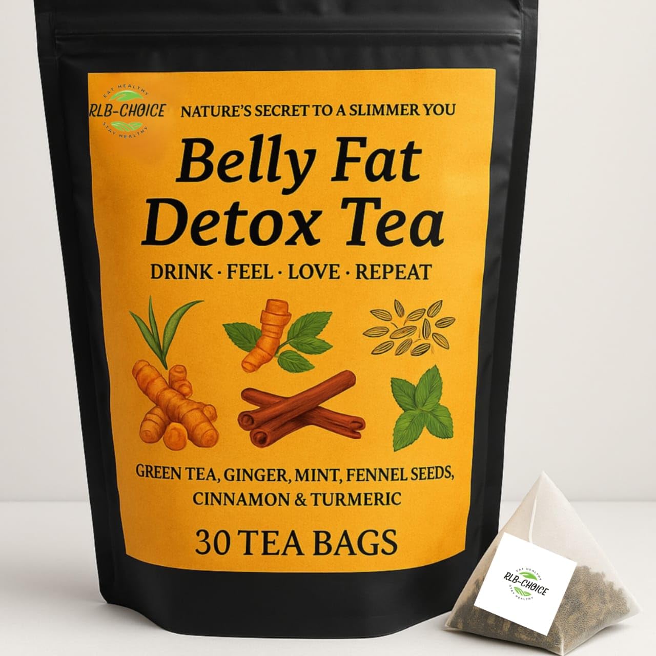 RLB-CHOICE Belly Fat Tea - 30 Tea Bags | Melt Belly Fat Fast with Natural Detox Blend - Water Weight, Bloating, 60 Gm