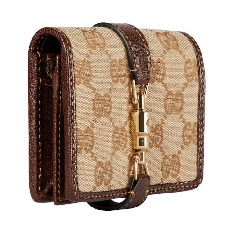 Gucci GG Monogram Canvas Leather Trim Jackie 1961 Bifold Wallet With Gold Hardware For Women Luxury Daily Use