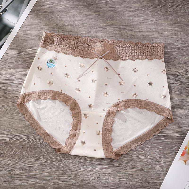 Plus Size Women's Spring and Summer Print Lace Side Antibacterial Crotch High Waist Triangle Briefs