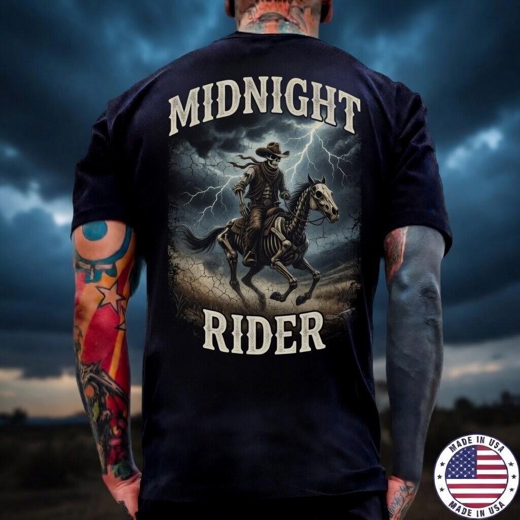 Mens Midnight Rider Skeleton Cowboy Black Western Tee Made in USA Unisex T-Shirt L