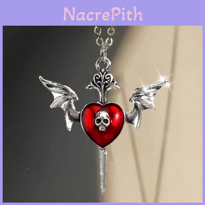 Gothic Style Heartshaped Pendant Necklace With Alloy Wings And Cross Chain For Women