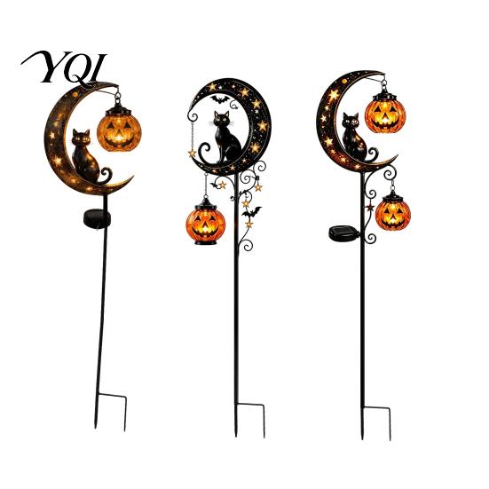 Black Cat And Pumpkin Lawn Decor Halloween Solar Garden Light, Moon Stake Pathway Lights for Home Courtyard Waterproof LED Yard Decoration Outdoor
