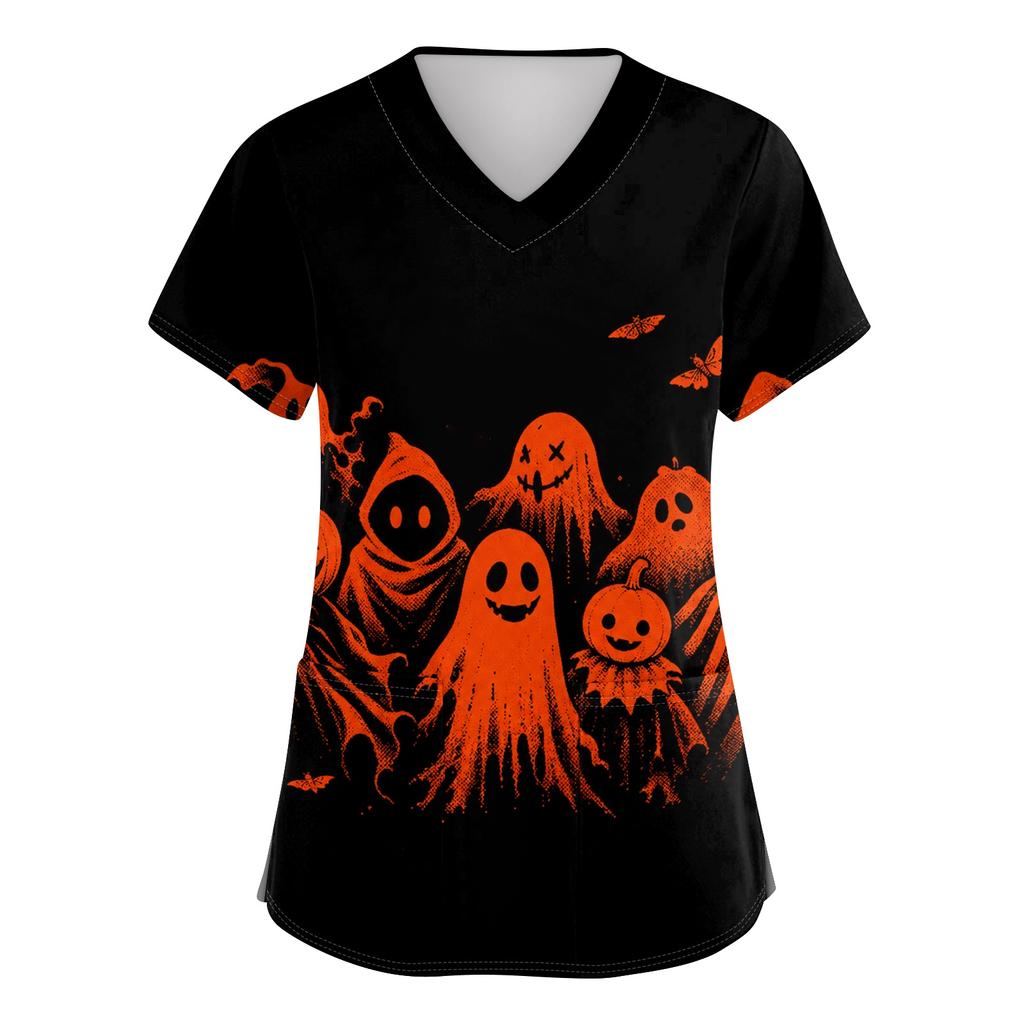 Women's short-sleeved Halloween print V-neck pocket protective work shirt
