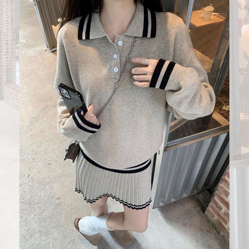 Korean Style Loose Fit Knitted Sweater & Pleated Midi Skirt Two-Piece Set