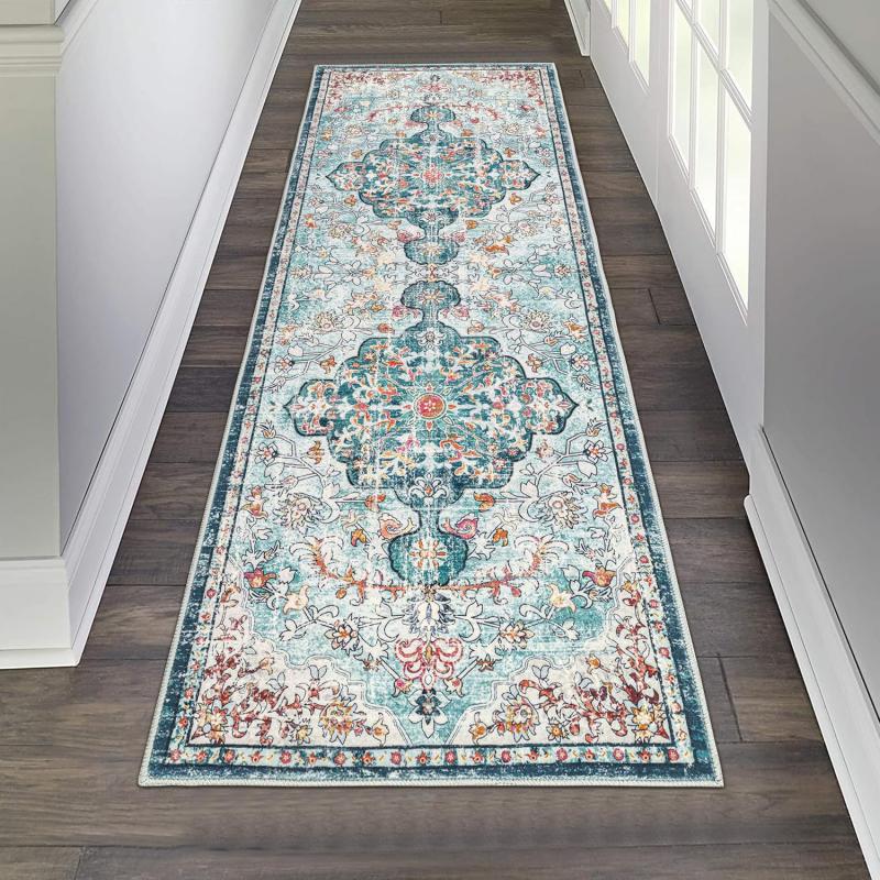 Farmhouse Vintage Runner Rug Brown Cream Medallion Floral Design Non Slip Mat For Hallway Kitchen Entryway Decor