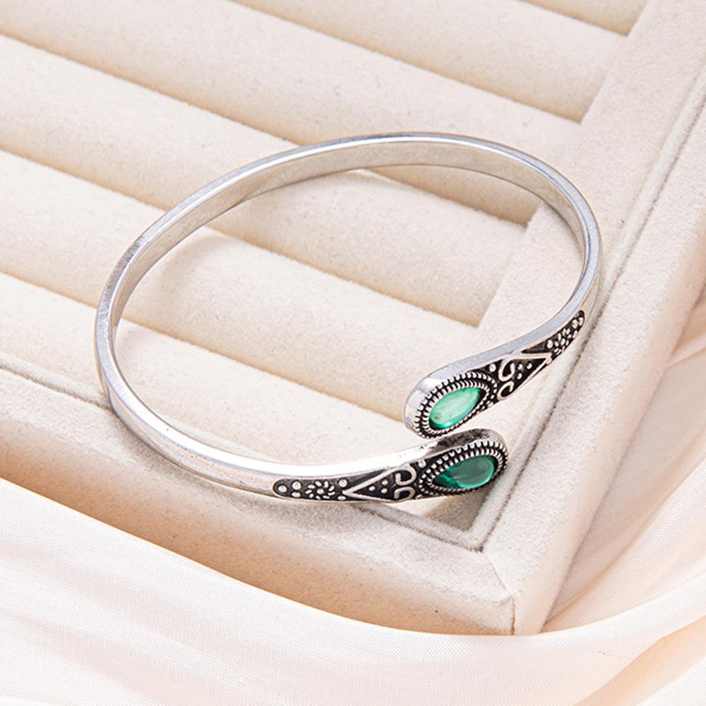 Inlaid Imitation Green Agate Retro Adjustable Opening Bracelet Alloy Couple Bracelet