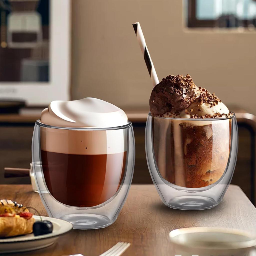 4PCS Glass Coffee Mugs , Double Wall Insulated Thermal Cups, Clear Glass Coffee Cup for Tea/Juice/Milk, Cappucino Espresso Mug