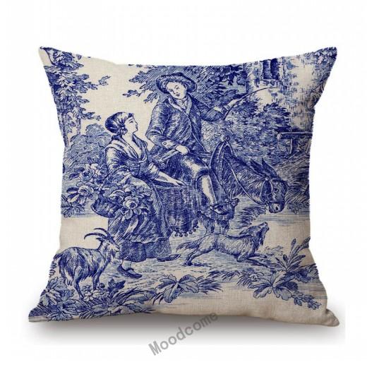 Französischer Toile De Jouy Delfter blauer Flamingo-Vogel-Tiger-Königshof-Muster, eleganter dekorativer Sofa-Kissenbezug, Kissenbezug