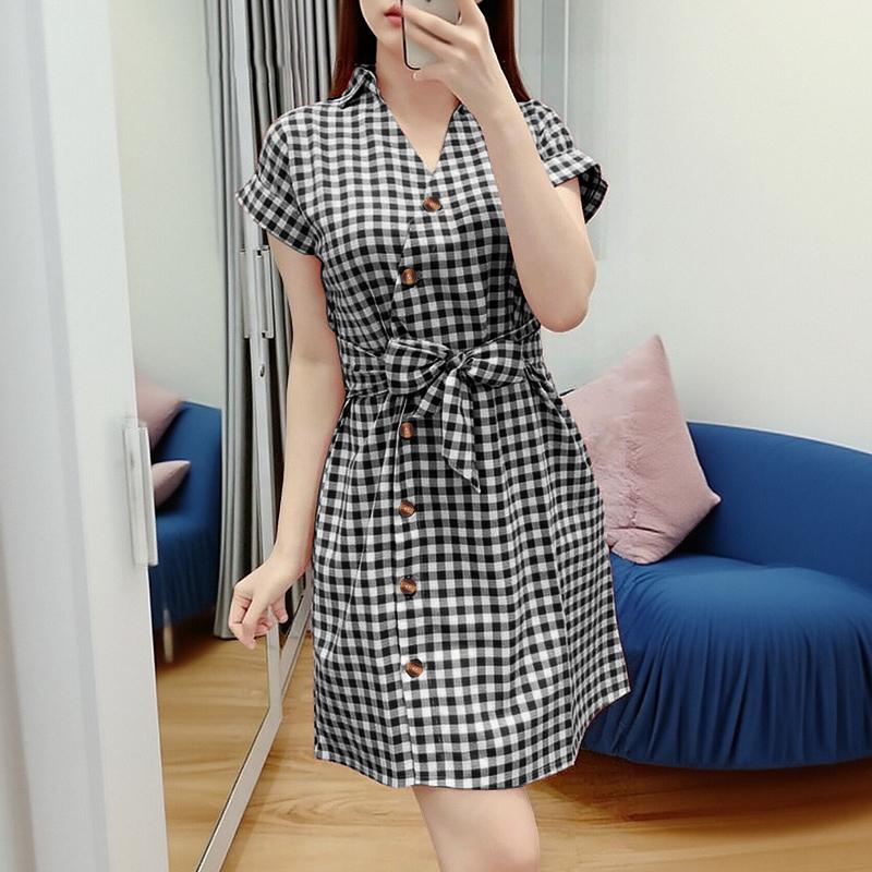 ZANZEA Women Casual V-Neck Short Sleeve Plaid Print Dress