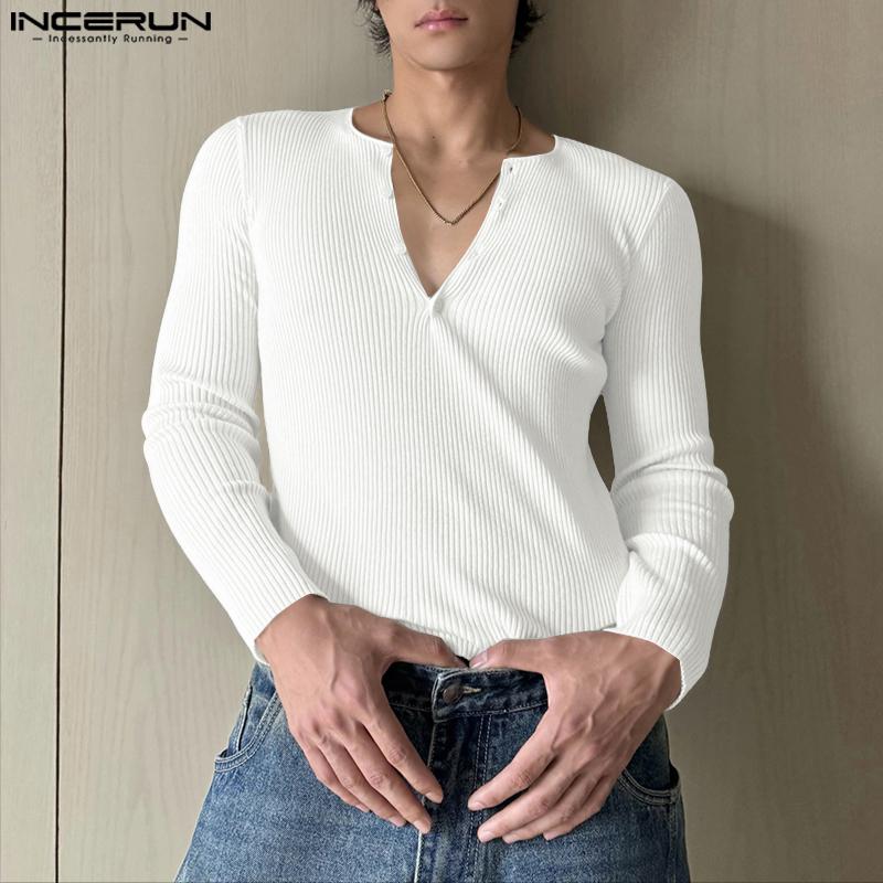 INCERUN Herbst Herren Langarm Einfarbig Rippenmuster Figurbetont Pullover Tops Unterhemden