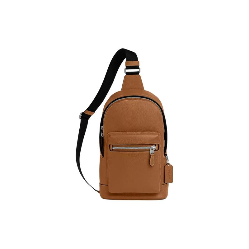 

COACH West 19 zipper closure adjustable shoulder strap cow leather patchwork shoulder crossbody bag chest bag small size men s brown коричневий
