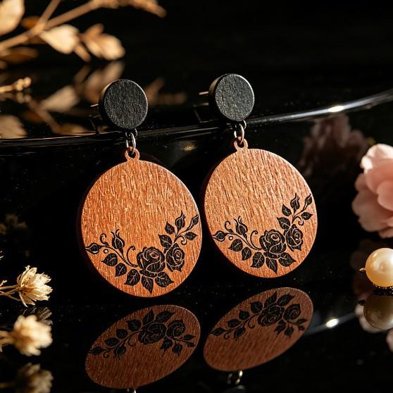 Retro Floral Round Dangle Earrings with Black Wooden Accents