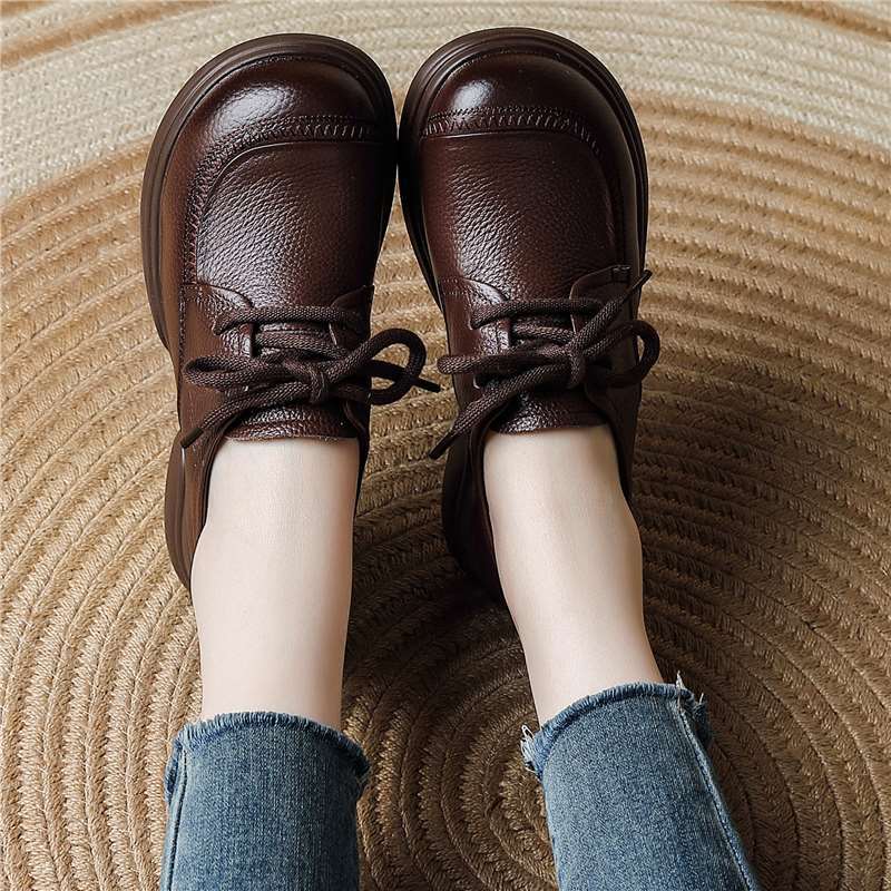 All cowhide spring and autumn new single shoes retro leather shoes wide head shoes women's round head platform mother shoes