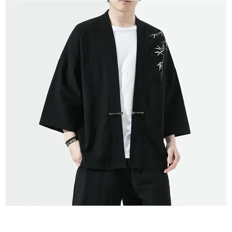 Summer Men's Cardigan Japanese Kimono Samurai Costume Clothing Bamboo Embroidered Kimono Shirt Yukata Haori Casual Coat